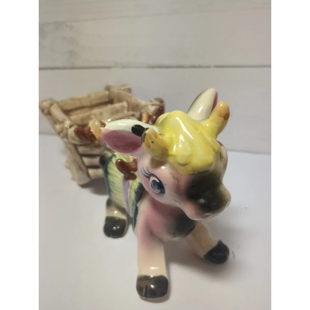 Retro Vintage 50s Kitsch Cow Pulling Cart Ceramic Candy Dish Trinket 10.5